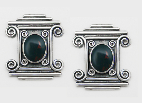 Sterling Silver And Bloodstone Drop Dangle Earrings With an Art Deco Inspired Style